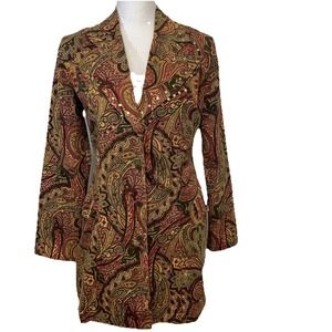 Bleu Haven Paisley Coat Jacket Woman Medium Brown Red Beaded Pockets Cotton Blnd